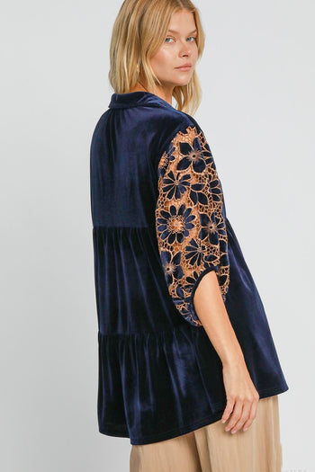 Umgee Velvet Lace Sleeve Tunic Top in Navy
