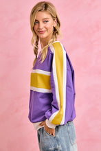 Load image into Gallery viewer, BiBi Gameday Sporty Colorblock Pullover Sweatshirt in Purple Gold
