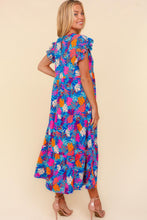 Load image into Gallery viewer, Haptics Tropical Floral Print Tiered Maxi Dress in Blue/Fuchsia/Orange
