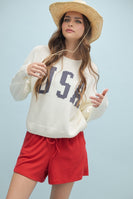 Wishlist Cropped USA Print Knit Sweater in Cream/Navy