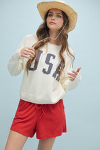 Load image into Gallery viewer, Wishlist Cropped USA Print Knit Sweater in Cream/Navy
