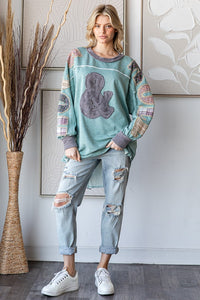 Oli & Hali Rock & Roll Patched Pullover Top in Sage