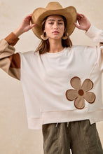 Load image into Gallery viewer, BiBi Color Block Textured Ribbed Knit Top with Flower Patches in Ivory/Brown
