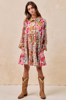 BiBi Floral Print Button Front Mini Dress in Rose Mix