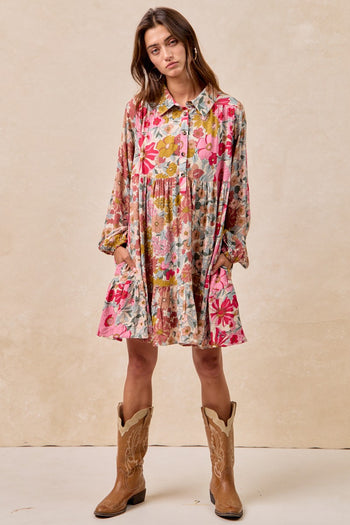 BiBi Floral Print Button Front Mini Dress in Rose Mix