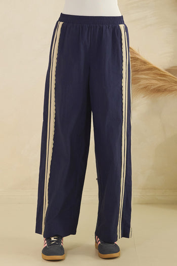 Veveret Nylon Track Pants with Lace Stripes in Navy