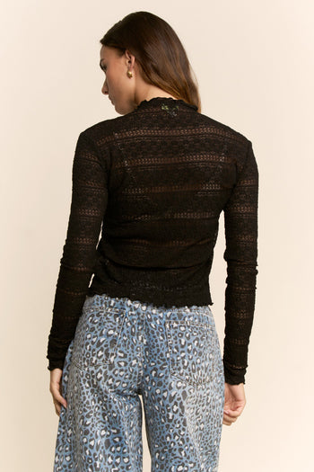 Davi & Dani Striped Lace Mesh Top in Black