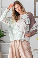 Oli & Hali Contrasting Color Top with Eyelet Lace Flower Patches in Tan