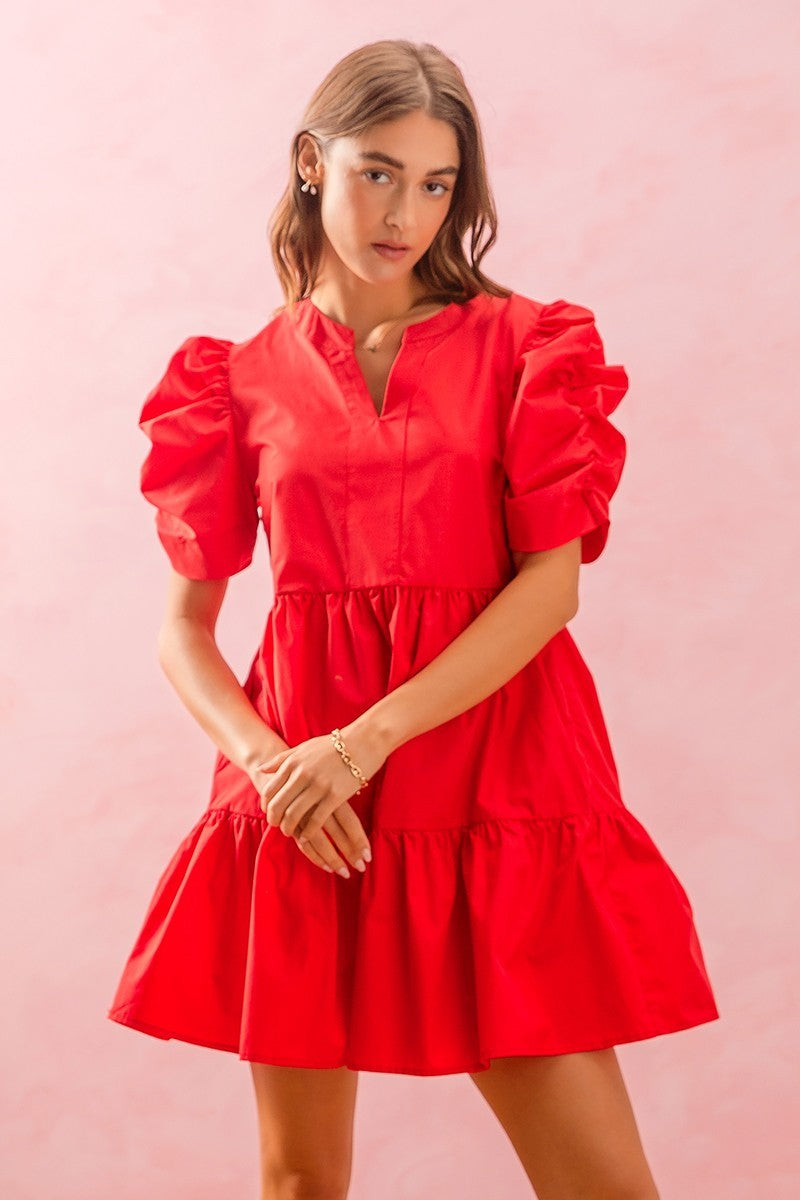 So Me Solid Color Tiered Dress in Red