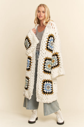 Davi & Dani Granny Square Crochet Cardigan in White Multi