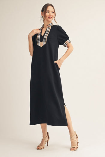 Jodifl Solid Color Midi Dress with Contrasting Classic Check in Black