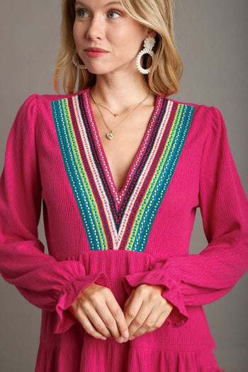 Umgee Crochet Embroidery Tiered Knit Dress in Hot Pink