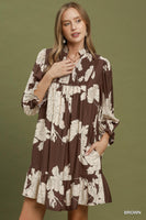Umgee Floral Smocked Yoke Tiered Mini Dress in Brown