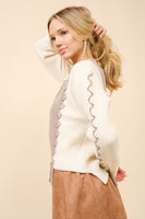 Blue B Color Block Knit Sweater with Lace-Up Details in Taupe