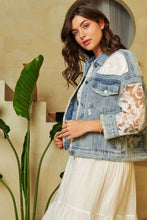 Load image into Gallery viewer, Davi &amp; Dani Distressed Denim and Lace Jacket in Light Denim
