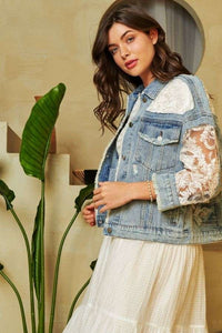 Davi & Dani Distressed Denim and Lace Jacket in Light Denim