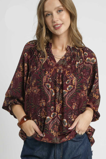 Umgee Floral Damask Print Top in Wine Mix