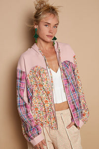 POL Mixed Fabric and Print Zip Up Hooded Top in Pink