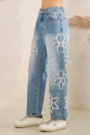 Oli & Hali Floral Embroidered and Splatter Paint Jeans in Denim