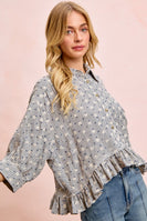 BiBi Floral Embroidery Grid Checked Ruffled Hem Button-Up Top in Navy
