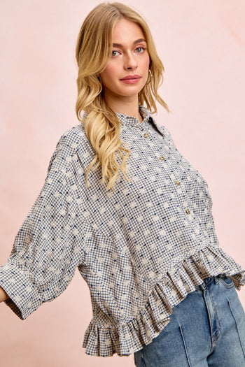 BiBi Floral Embroidery Grid Checked Ruffled Hem Button-Up Top in Navy