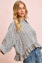 Load image into Gallery viewer, BiBi Floral Embroidery Grid Checked Ruffled Hem Button-Up Top in Navy
