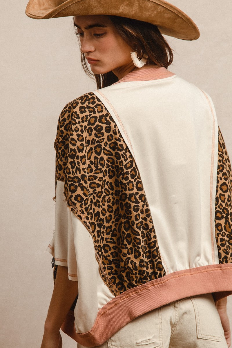 BiBi OVERSIZED Leopard and Solid Top with Denim USA Patch Front in