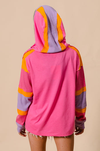 BiBi Color Block Jersey Knit and Ribbed Knit Hooded Top in Pink/Lavender/Orange