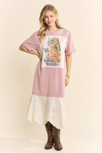 Davi & Dani Garden Of Whimsy Cat Graphic Tee Dress in Rose Pink