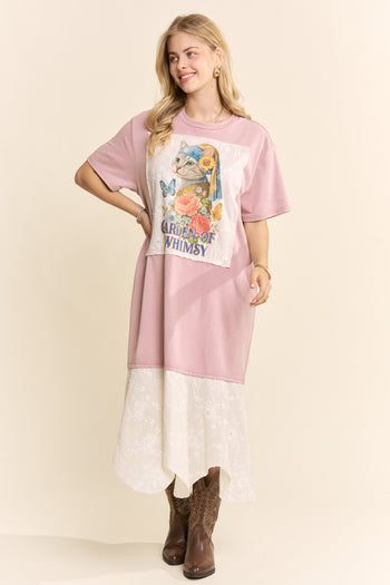 Davi & Dani Garden Of Whimsy Cat Graphic Tee Dress in Rose Pink