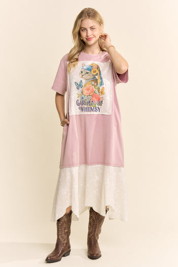 Davi & Dani Garden Of Whimsy Cat Graphic Tee Dress in Rose Pink