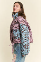 J.nna Multi Color Leopard Print Puffer Jacket in Pink Blue