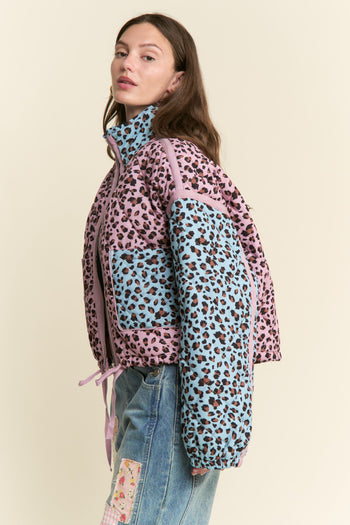 J.nna Multi Color Leopard Print Puffer Jacket in Pink Blue