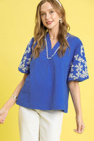 Umgee Textured Top with Embroidery and Scalloped Trim Details in Ocean