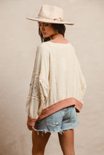 Load image into Gallery viewer, BiBi Solid Color and Floral Print Crinkle Gauze Top with Contrasting Gingham Star Patches in Oatmeal
