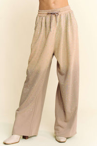 Davi & Dani Stone Embellished Wide Leg Pants in Sand