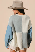 Load image into Gallery viewer, BiBi OVERSIZED Multi Colored Patched Terry Knit Top with Denim Sleeves in Denim/Ivory/Grey
