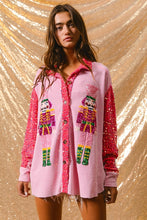 Load image into Gallery viewer, BiBi OVERSIZED Thermal Knit Shacket with Sequin Nutcrackers on Front and Velvet Sequin Sleeves in Pink
