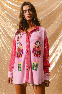 BiBi OVERSIZED Thermal Knit Shacket with Sequin Nutcrackers on Front and Velvet Sequin Sleeves in Pink