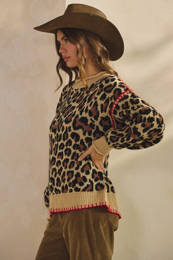 LovLov Knit Sweater with Contrasting Details in Leopard