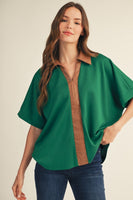 Jodifl Faux Leather Accent Drop Shoulder Solid Top in Green