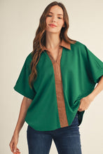 Load image into Gallery viewer, Jodifl Faux Leather Accent Drop Shoulder Solid Top in Green
