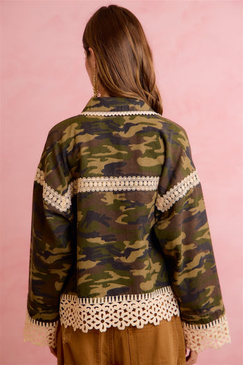 BiBi Boho Lace Trim Camo Shacket in Camouflage