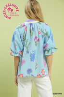 Umgee Floral Print Top with Scallop Trim Collar in Seafoam