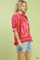 Umgee Tropical Print Puff Sleeve Blouse in Red