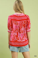 Umgee Tropical Print Puff Sleeve Blouse in Red