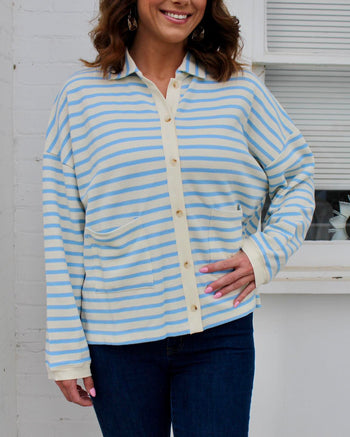 Wishlist OVERSIZED Striped Knit Button Up Top in Sky/Cream