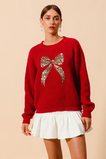 So Me Sequin Ribbon Sweater in Red/Gold