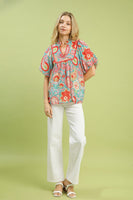 Umgee Mix Paisley Print Blouse with Puff Sleeves in Light Blue Mix