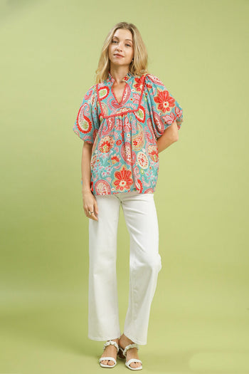 Umgee Mix Paisley Print Blouse with Puff Sleeves in Light Blue Mix